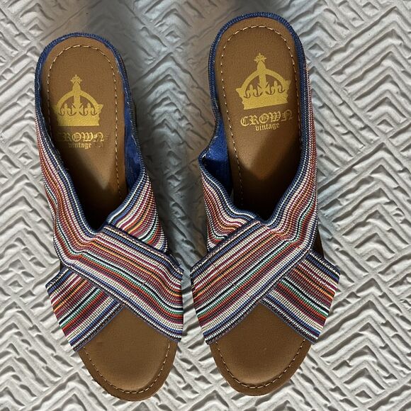 Crown Vintage Multicolor Sandals Womens 8M Crisscross Wedge Cork Fabric Summer - Picture 3 of 7